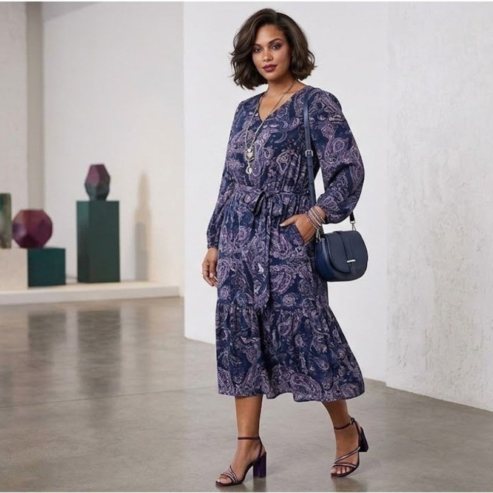 Lane Bryant Paisley Midi Dress, Size 16, Long Sleeve, Boho Tiered Career
